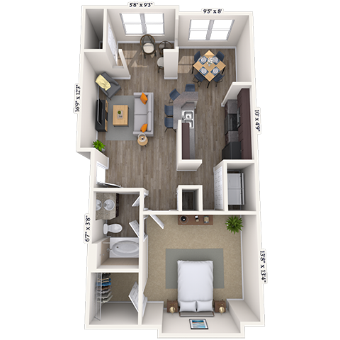 Floor plan for 1 bed, 1 bath, 761 sqft