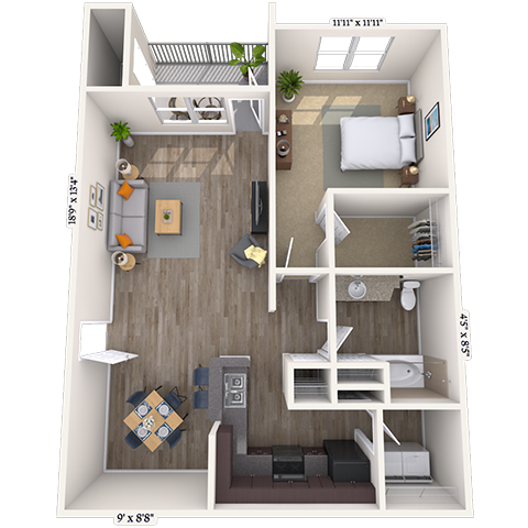 Floor plan for 1 bed, 1 bath, 783 sqft
