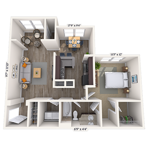 Floor plan for 1 bed, 1 bath, 800 sqft