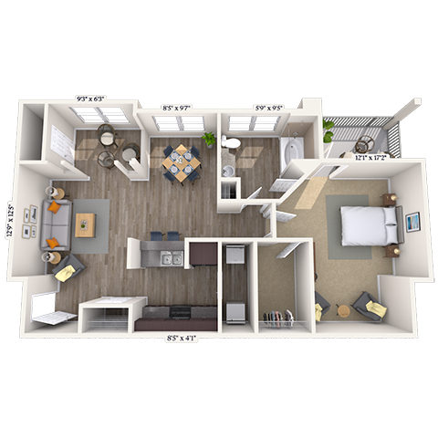 Floor plan for 1 bed, 1 bath, 896 sqft