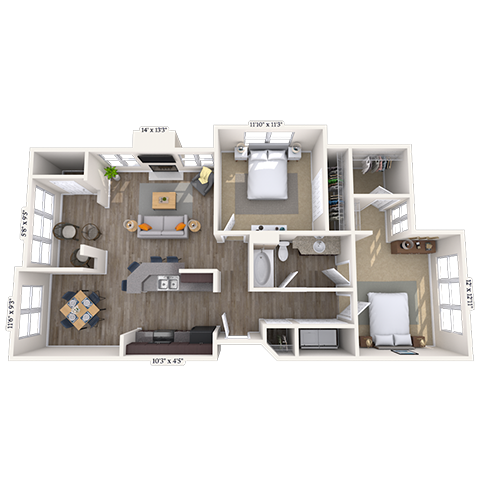 Floor plan for 2 beds, 1 bath, 1070 sqft