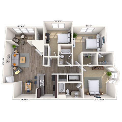 Floor plan for 3 beds, 2 baths, 1239 sqft