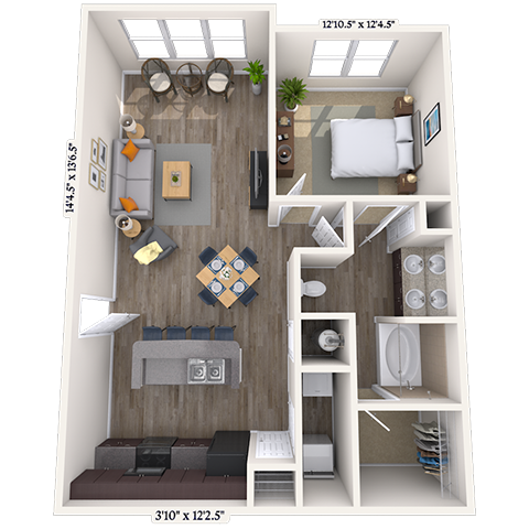 Floor plan for 1 bed, 1 bath, 915 sqft