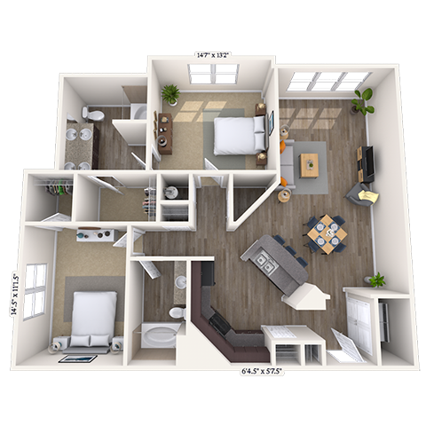 Floor plan for 2 beds, 2 baths, 1265 sqft