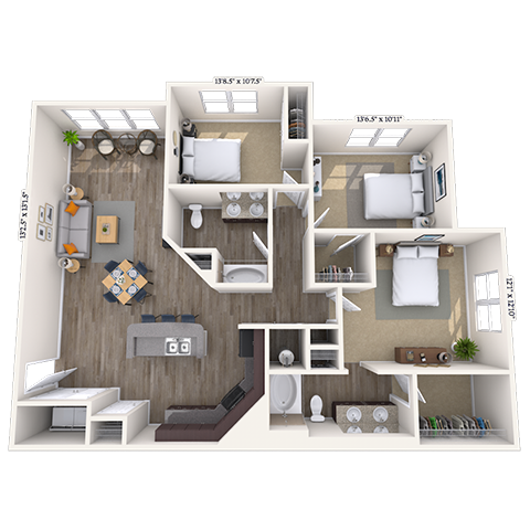 Floor plan for 3 beds, 2 baths, 1442 sqft