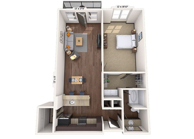 Floor plan for 1 bed, 1 bath, 967 sqft