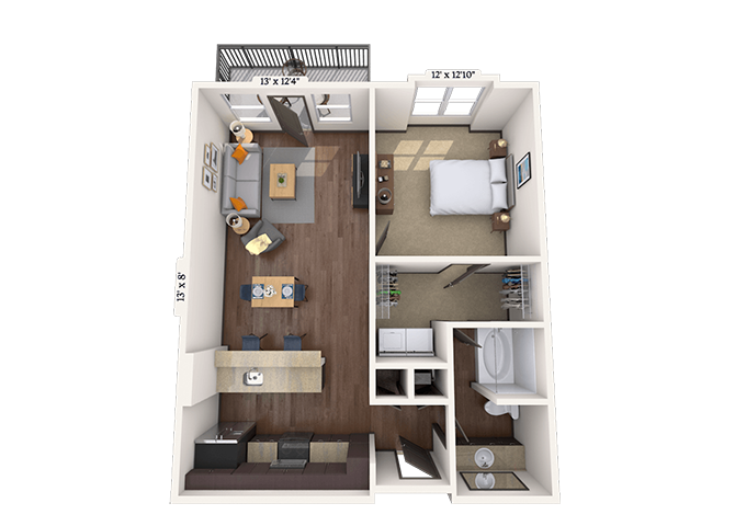 Floor plan for 1 bed, 1 bath, 781 sqft