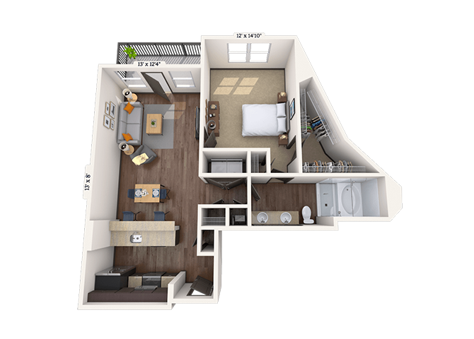 Floor plan for 1 bed, 1 bath, 892 sqft