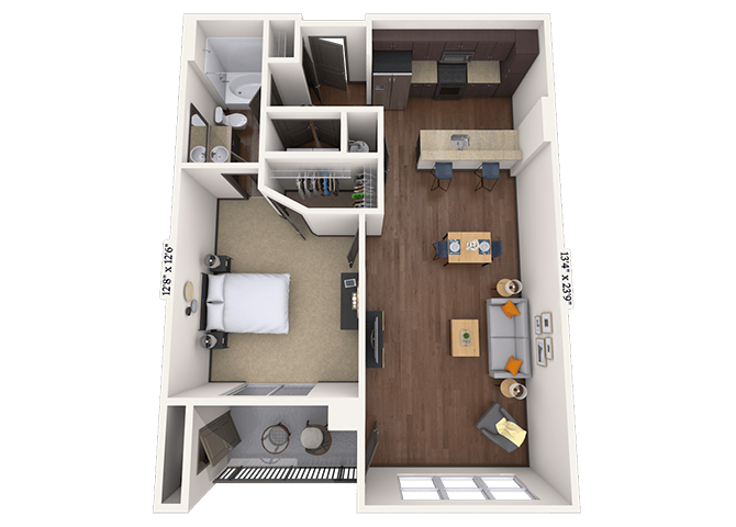 Floor plan for 1 bed, 1 bath, 838 sqft