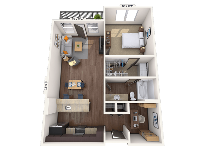 Floor plan for 1 bed, 1 bath, 827 sqft