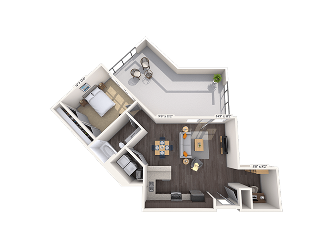Floor plan for 1 bed, 1 bath, 828 sqft