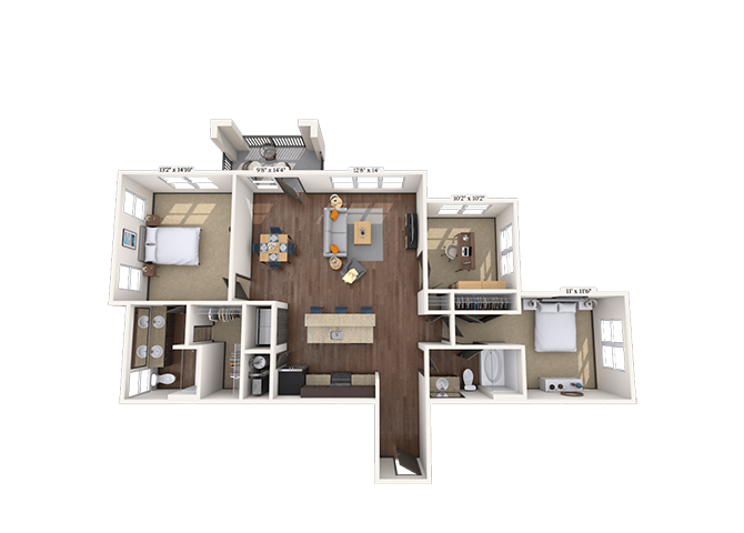 Floor plan for 3 beds, 2 baths, 1378 sqft