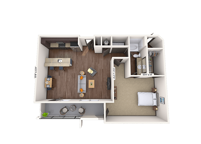 Floor plan for 1 bed, 1 bath, 1005 sqft