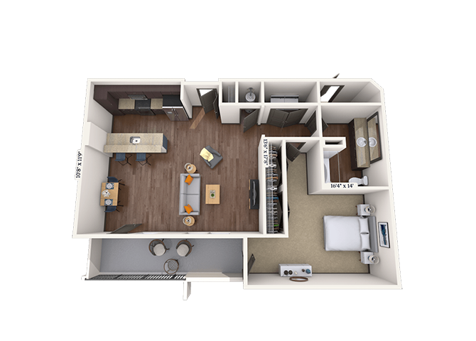 Floor plan for 1 bed, 1 bath, 998 sqft