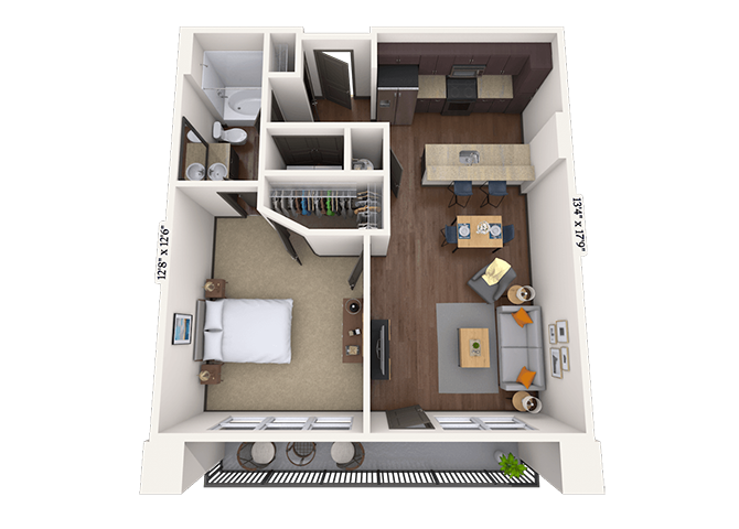 Floor plan for 1 bed, 1 bath, 754 sqft