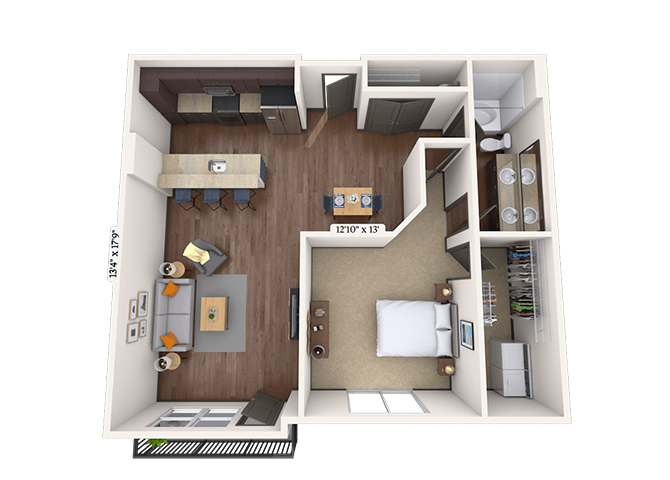 Floor plan for 1 bed, 1 bath, 957 sqft