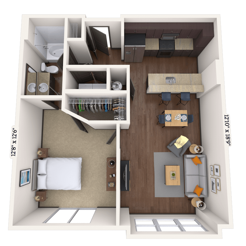 Floor plan for 1 bed, 1 bath, 752 sqft