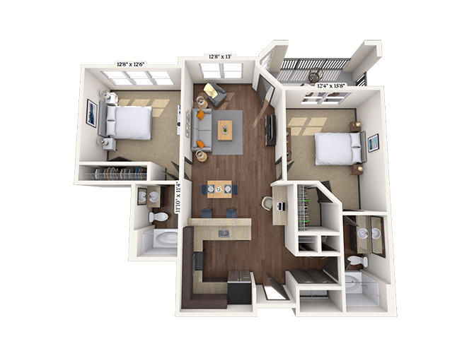 Floor plan for 2 beds, 2 baths, 1026 sqft