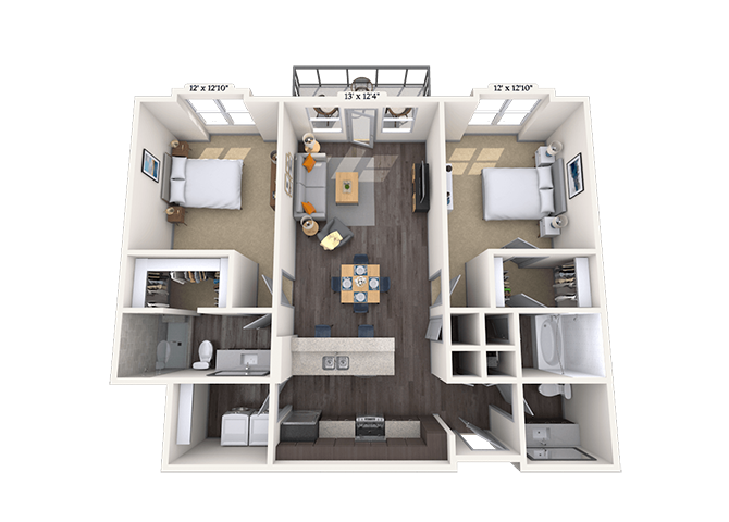 Floor plan for 2 beds, 2 baths, 1138 sqft