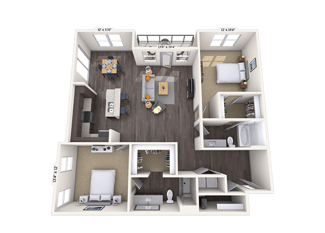 Floor plan for 2 beds, 2 baths, 1360 sqft