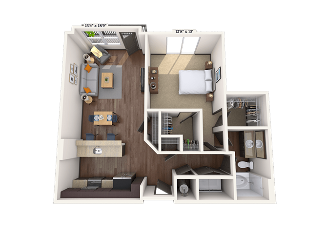 Floor plan for 1 bed, 1 bath, 872 sqft