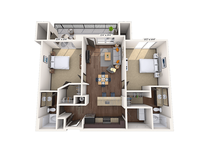 Floor plan for 2 beds, 2 baths, 1153 sqft