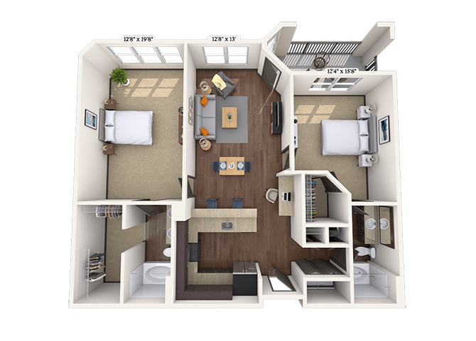 Floor plan for 2 beds, 2 baths, 1119 sqft