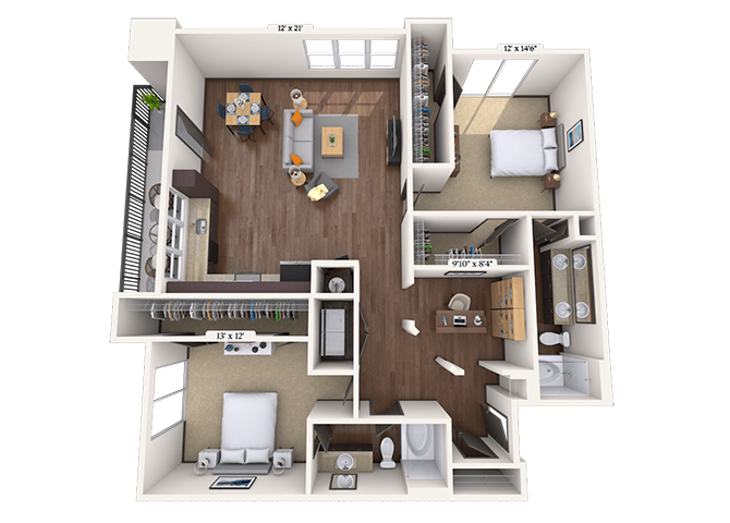 Floor plan for 2 beds, 2 baths, 1469 sqft