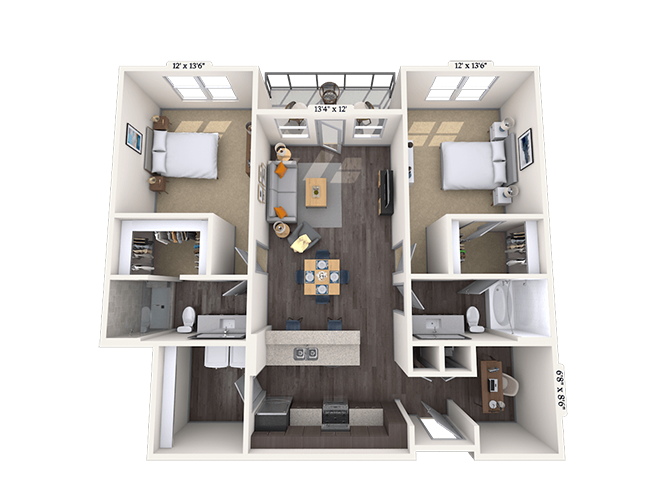 Floor plan for 2 beds, 2 baths, 1212 sqft