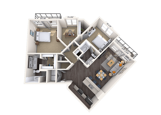 Floor plan for 2 beds, 2 baths, 1389 sqft