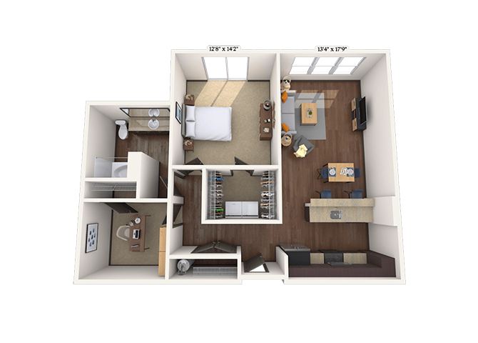 Floor plan for 1 bed, 1 bath, 982 sqft