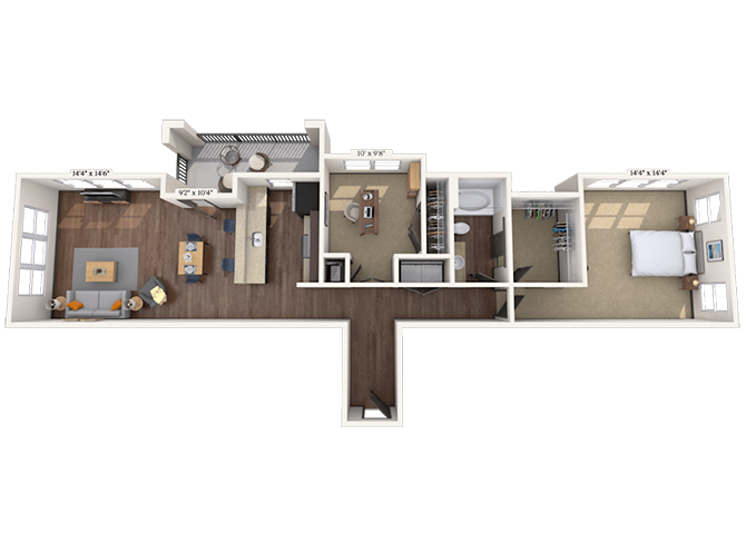 Floor plan for 2 beds, 1 bath, 1158 sqft