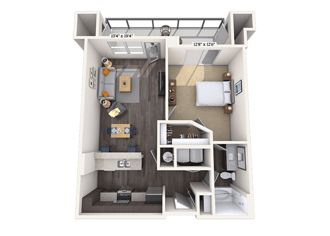 Floor plan for 1 bed, 1 bath, 775 sqft