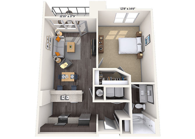 Floor plan for 1 bed, 1 bath, 781 sqft