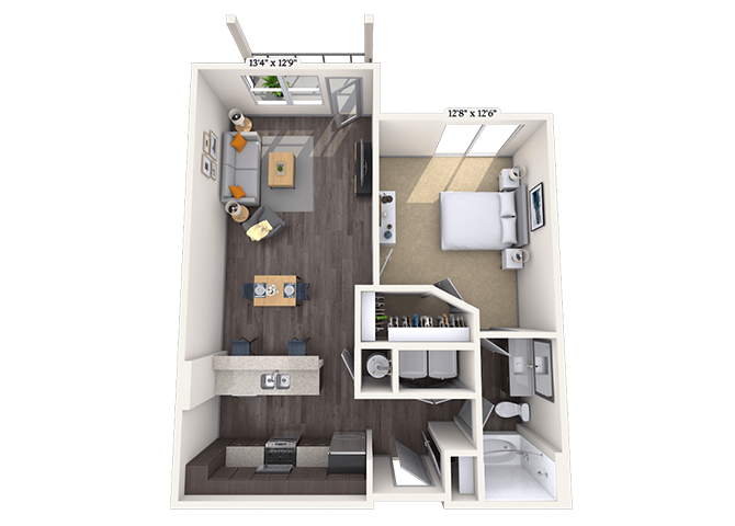 Floor plan for 1 bed, 1 bath, 810 sqft