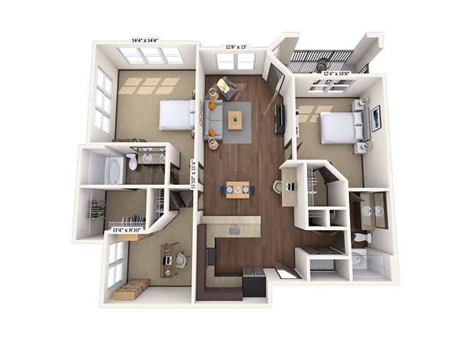 Floor plan for 3 beds, 2 baths, 1353 sqft