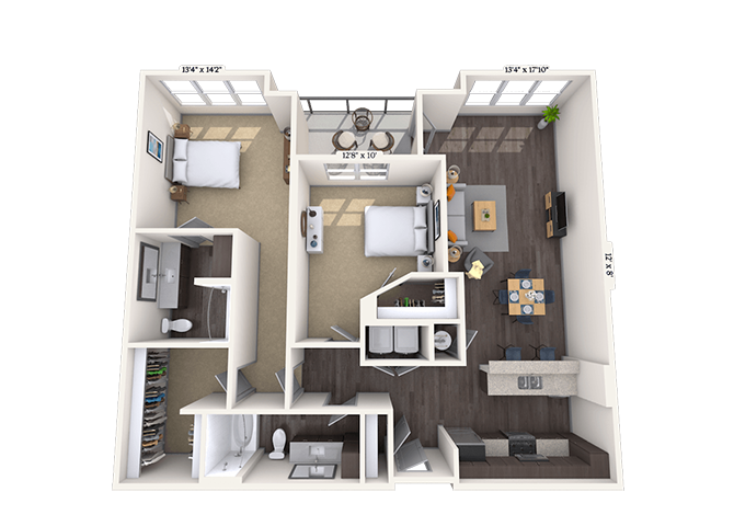 Floor plan for 2 beds, 2 baths, 1373 sqft