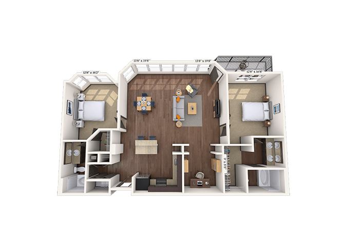 Floor plan for 2 beds, 2 baths, 1529 sqft
