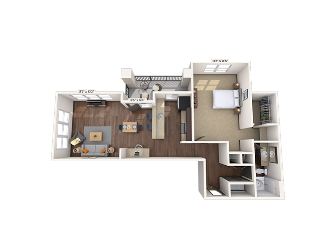 Floor plan for 1 bed, 1 bath, 990 sqft