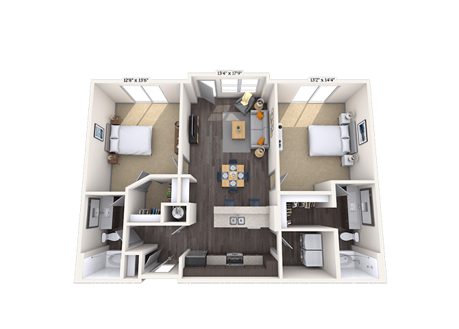 Floor plan for 2 beds, 2 baths, 1132 sqft