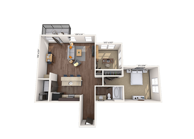 Floor plan for 1 bed, 1 bath, 1076 sqft