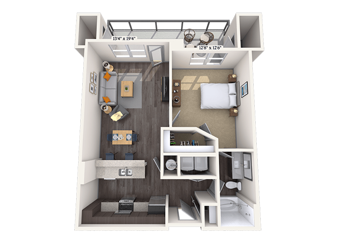 Floor plan for 1 bed, 1 bath, 775 sqft