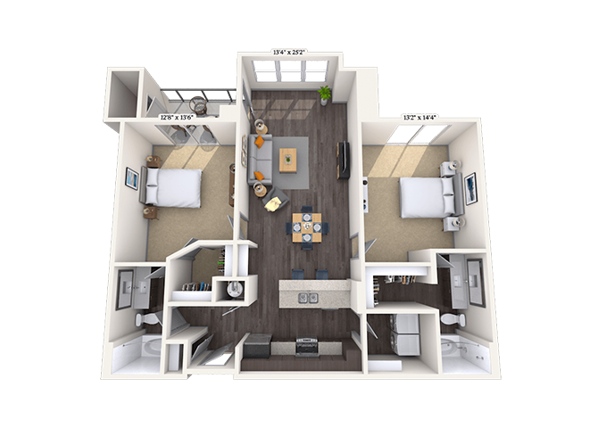 Floor plan for 2 beds, 2 baths, 1240 sqft