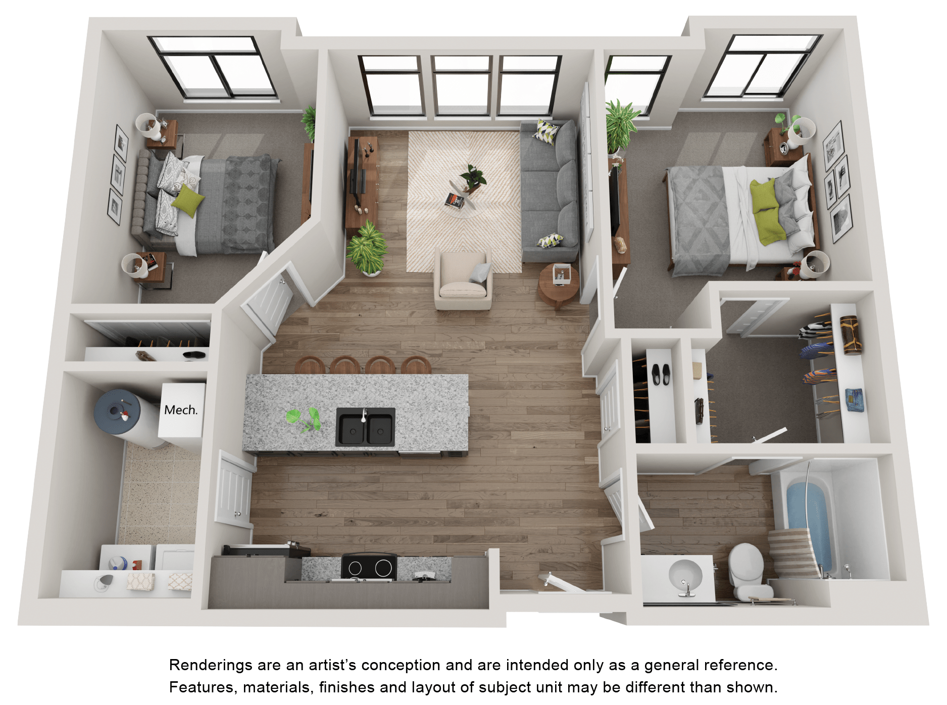 Floor plan for 2 beds, 1 bath, 851 sqft