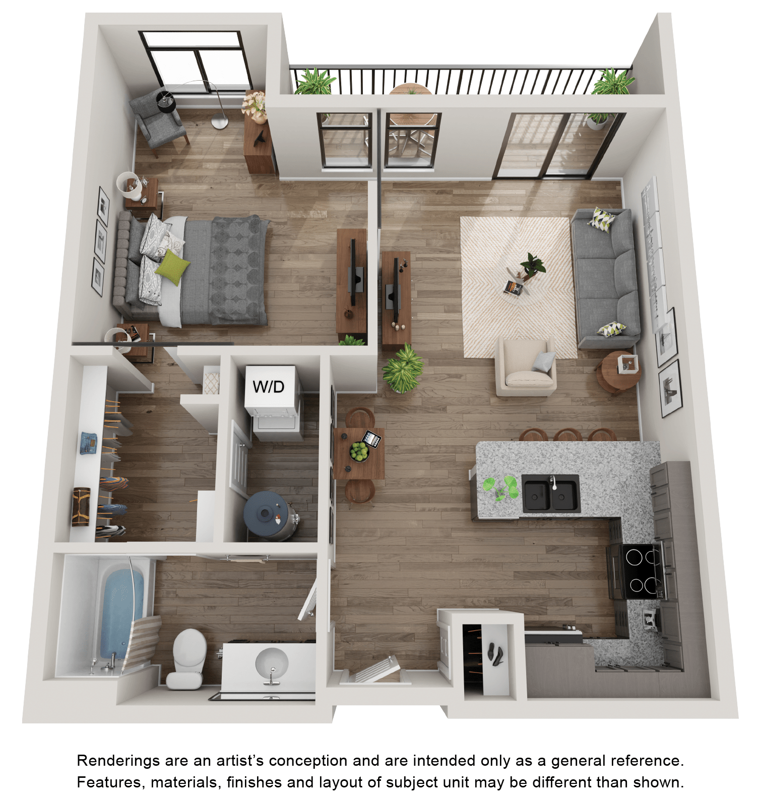 Floor plan for 1 bed, 1 bath, 775 sqft