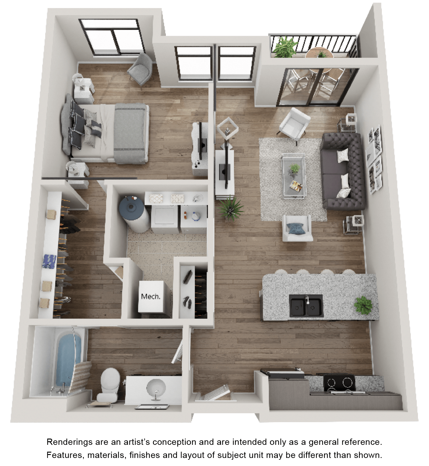 Floor plan for 1 bed, 1 bath, 771 sqft