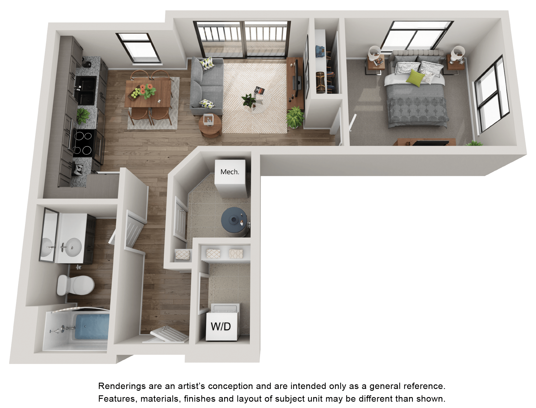 Floor plan for 1 bed, 1 bath, 631 sqft