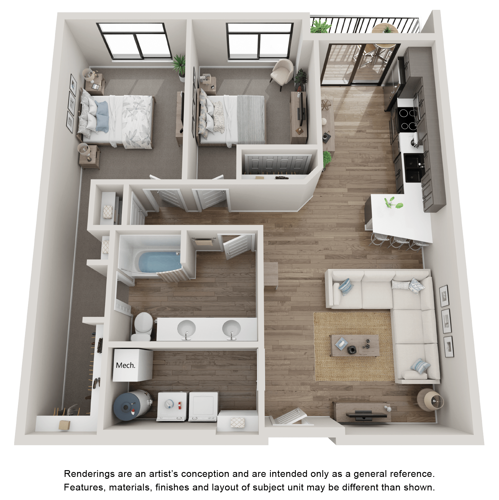 Floor plan for 2 beds, 1 bath, 1055 sqft