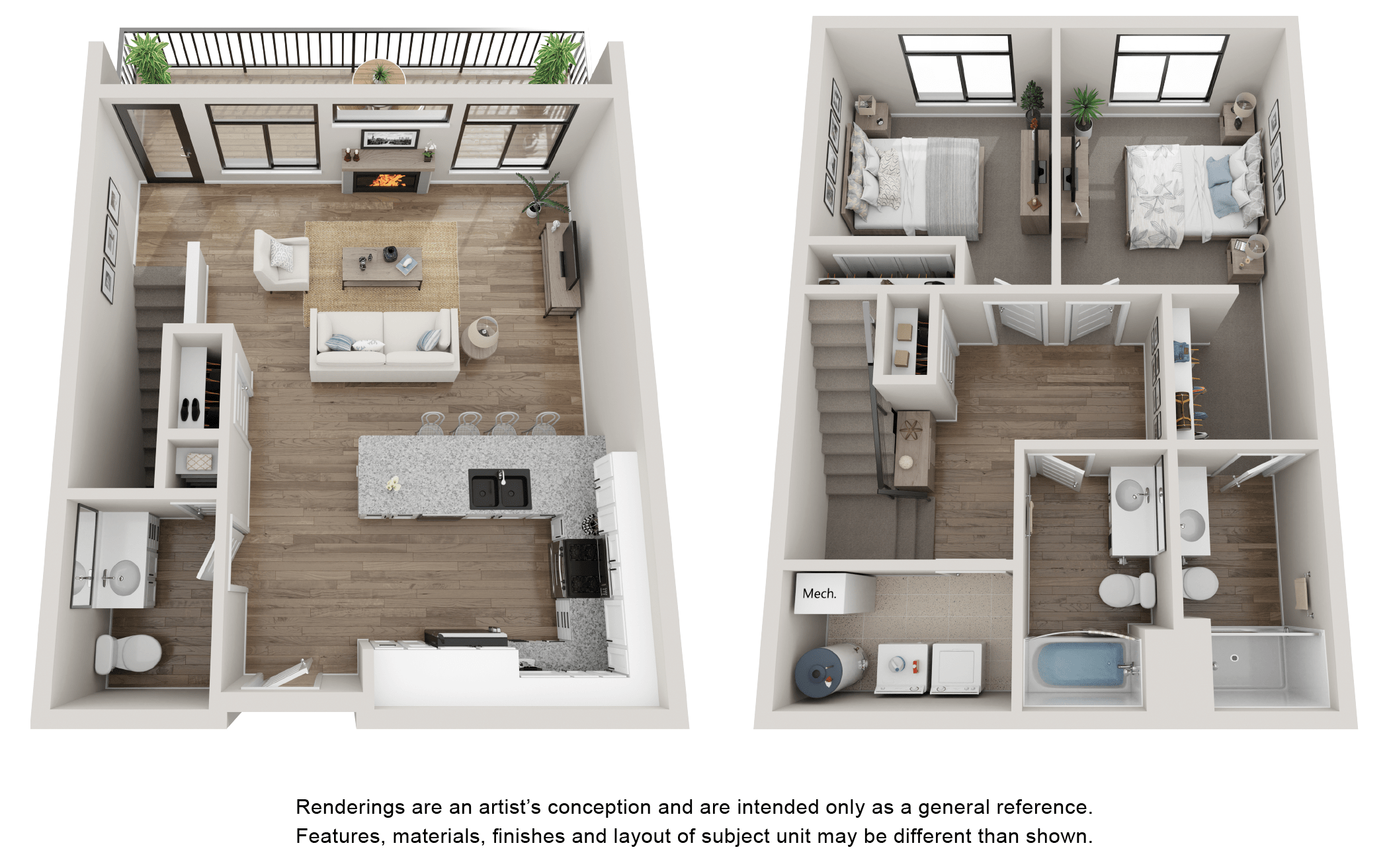 Floor plan for 2 beds, 2.5 baths, 1328 sqft