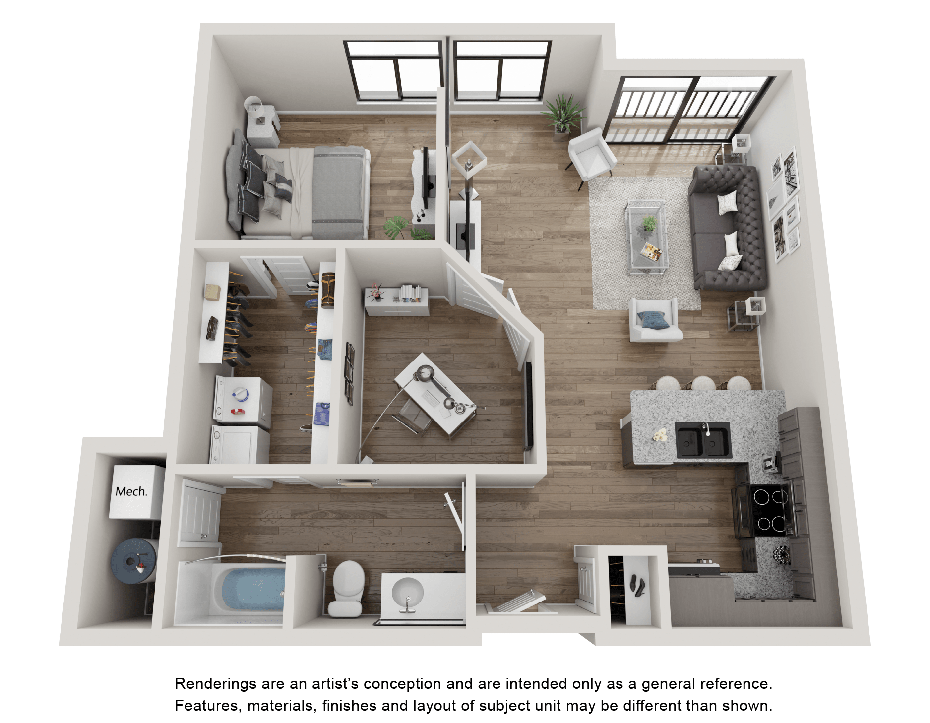 Floor plan for 1 bed, 1 bath, 851 sqft